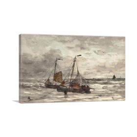 Fishing Boats At Anchor On a Choppy Sea (Type: Standard Framed Canvas Print, size: 16" x 12" / 42cm x 30cm (approx))
