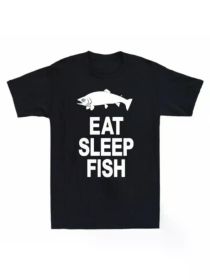 Eat Sleep Fish Graphic Men's T-Shirt - 100% Cotton, Casual Crew Neck, Short Sleeve, Funny Fishing Lover Gift for Father's Day (Color: Black, size: S)