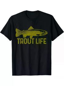 1pc Trout Life Graphic T-Shirt, 100% Cotton Crew Neck Short Sleeve Tee, Geometric Pattern, All-Season Casual Wear for Fly Fishing Enthusiasts (Color: Black, size: S)