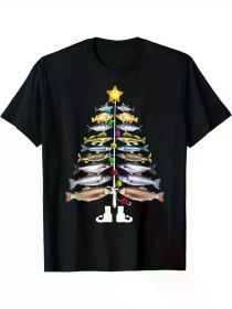 Happy Fish Christmas Tree T-Shirt | 100% Cotton, Soft & Comfortable | Fun Fishing Graphic with Colorful Lights & Star Top (Color: Black, size: XXXL)