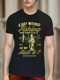 Men's Fun Fishing Pattern Cotton T-Shirt - "No Day Without Fishing" design, fisherman's casual crewneck short-sleeved top (Color: Black, size: L)