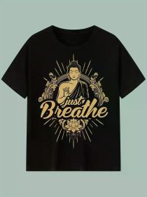 Zen-Inspired Cotton T-Shirt, 100% Crew Neck Sports Tee with Geometric Applique, All-Season Knit Fabric for Fishing & Outdoor Activities (Color: Black, size: S)